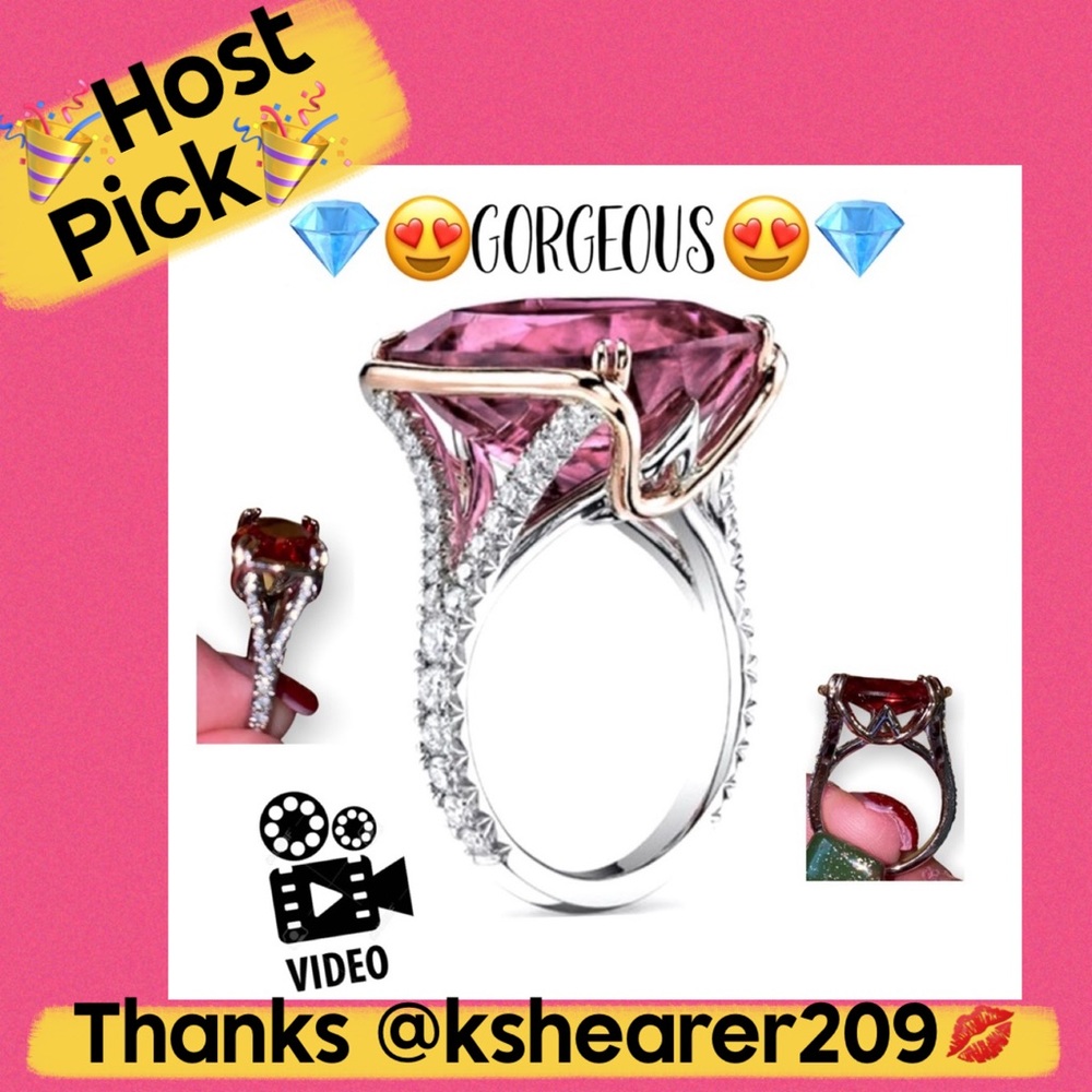 🎉HostPick🎉Gorgeous BIG Pink Sim Diamond Ster. Silver Cocktail Ring NEW 7 & 8